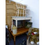 A PINE KITCHEN TABLE, A PAINTED TABLE AND TWO CHAIRS.