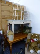 A PINE KITCHEN TABLE, A PAINTED TABLE AND TWO CHAIRS.