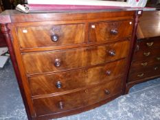 A 19th C. MAHOGANY BOW FRONT CHEST OF DRAWERS.