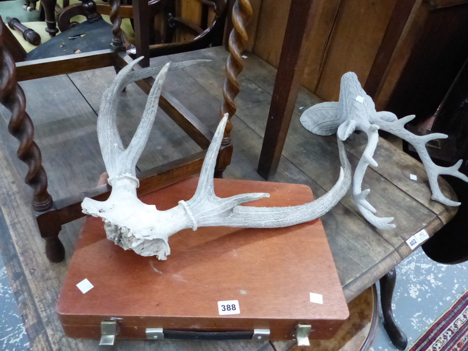 AN ARTIST BOX, STAG ANTLERS ETC.