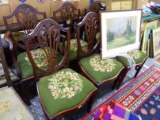 A SET OF SIX 19th C. SHIELD BACK DINING CHAIRS.