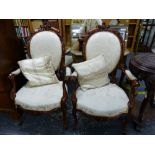 A PAIR OF VICTORIAN STYLE SHOW FRAME SALON ARM CHAIRS.