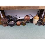 VARIOUS ANTIQUE CHIMNEY CRANES, CAST IRON COOKING POTS, COPPER AND BRASS ETC.