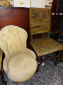 AN 18th C. WALNUT FRAMED HIGH BACK SIDE CHAR AND A NURSING CHAIR.