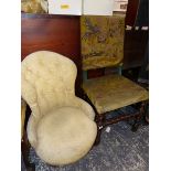 AN 18th C. WALNUT FRAMED HIGH BACK SIDE CHAR AND A NURSING CHAIR.