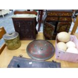 FOUR OSTRICH EGGS, AN EASTERN SHIELD, TWO TABLE CABINETS ETC.