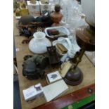 AN ARTS AND CRAFTS ANTIQUE OIL LAMP IN THE MANNER OF BENSON, TWO VINTAGE CYCLE LAMPS, ARP HELMET,