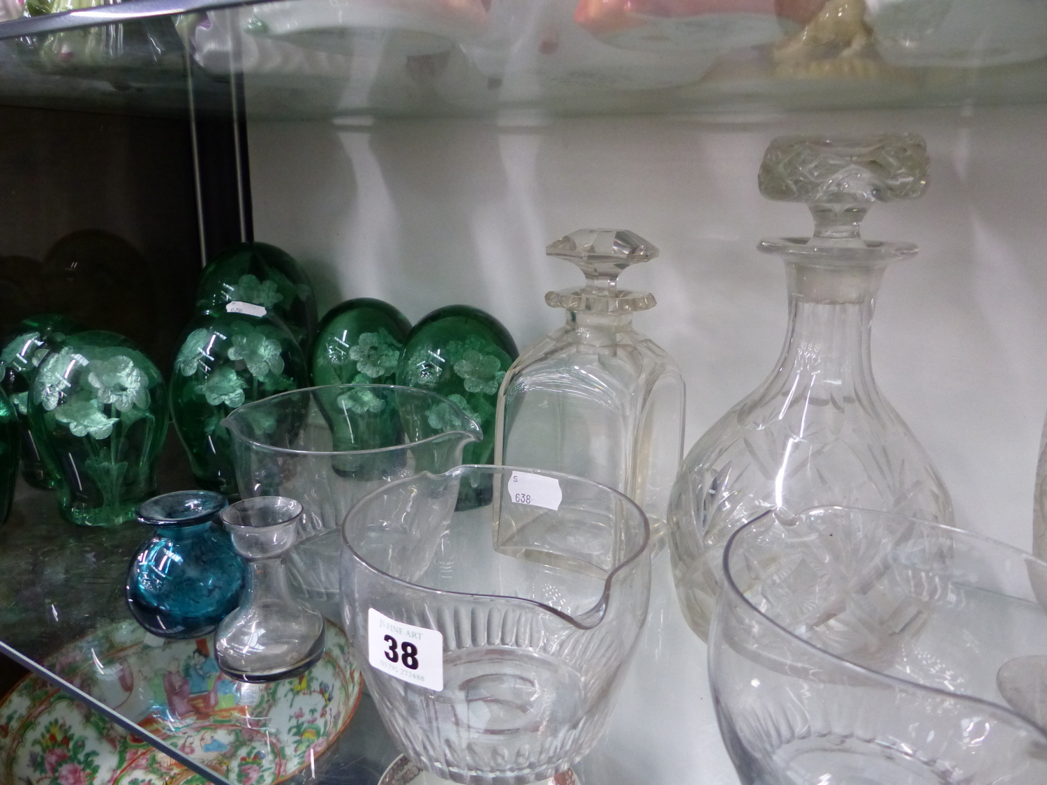 VICTORIAN,RINSING BOWLS, SEVEN GRADUATED, SULPHIDE DUMP PAPERWEIGHTS, DECANTERS ETC.