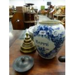 AN 18th C. DUTCH DELFT BLUE AND WHITE TOBACCO JAR WITH TWO BRASS COVERS, THE OVOID BODY INSCRIBED