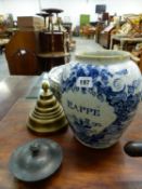 AN 18th C. DUTCH DELFT BLUE AND WHITE TOBACCO JAR WITH TWO BRASS COVERS, THE OVOID BODY INSCRIBED
