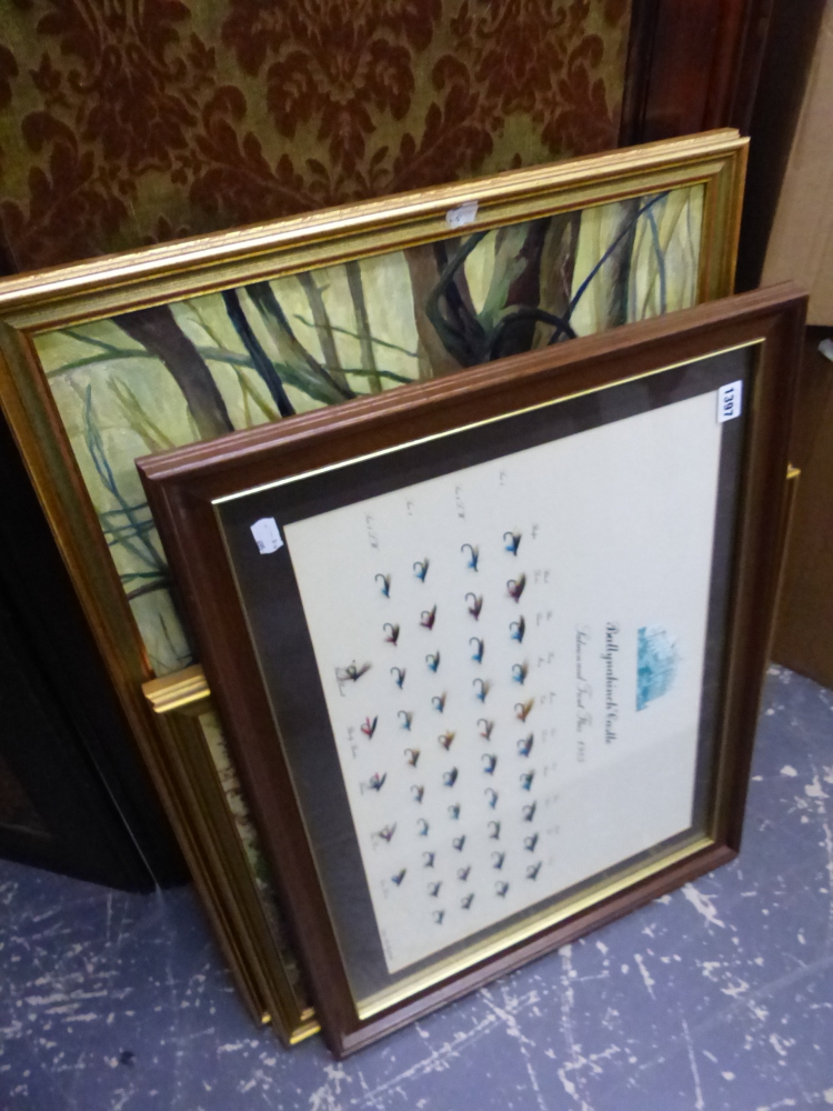 FRAMED FISHING FLIES, TWO OIL PAINTINGS, ETC.