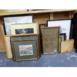 VARIOUS ANTIQUE AND LATER LANDSCAPE PRINTS, TOGETHER WITH AN ANTIQUE ALPHABET SAMPLER, WATERCOLOURS,