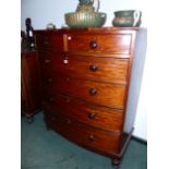 A 19TH CENTURY TALL MAHOGANY BOW FRONT CHEST OF TWO SHORT AND FOUR LONG GRADUATED DRAWERS 107 CM