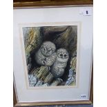 JOHN TENNENT, (20th C.) ARR. TWO OWLS SIGNED WATERCOLOUR, 31X20cms, TOGETHER WITH THREE ANIMAL
