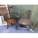 A COUNTRY SPINDLE BACK ARMCHAIR, AND A SIDE CHAIR.