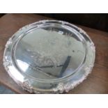 SIX LARGE ARMORIAL ENGRAVED SILVER PLATED PLATTERS.