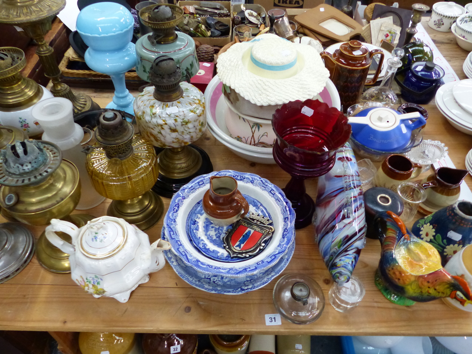 8 VARIOUS ANTIQUE AND LATER OIL LAMPS, OPAQUE GLASS SHADES,WASHBOWLS, 2 B & W STANDS, GLASS FISH,