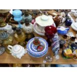 8 VARIOUS ANTIQUE AND LATER OIL LAMPS, OPAQUE GLASS SHADES,WASHBOWLS, 2 B & W STANDS, GLASS FISH,
