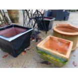 TWO SQUARE GLAZED GARDEN POTS AND 3 TERRACOTTA POTS