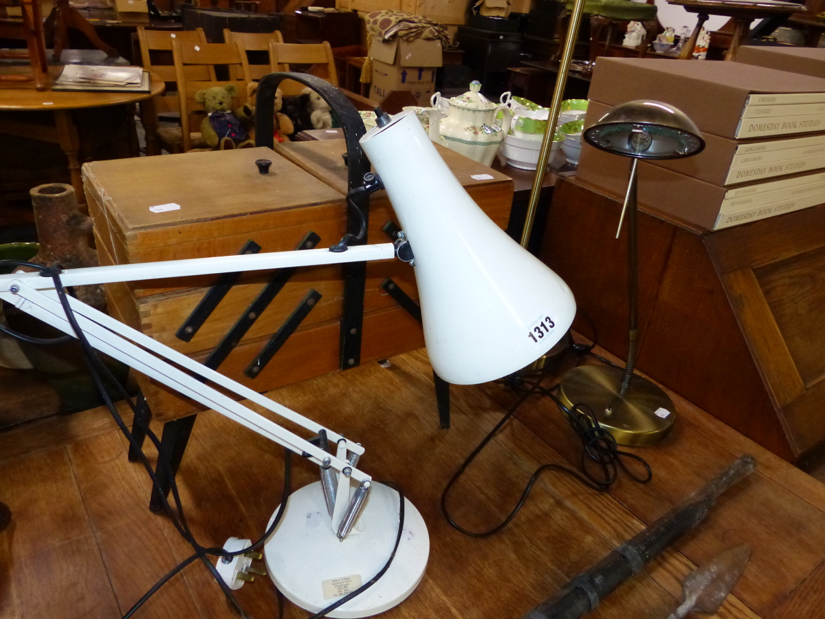 AN ANGLE POISED TYPE LAMP, A SEWING BOX AND TWO OTHER LAMPS. - Image 2 of 2