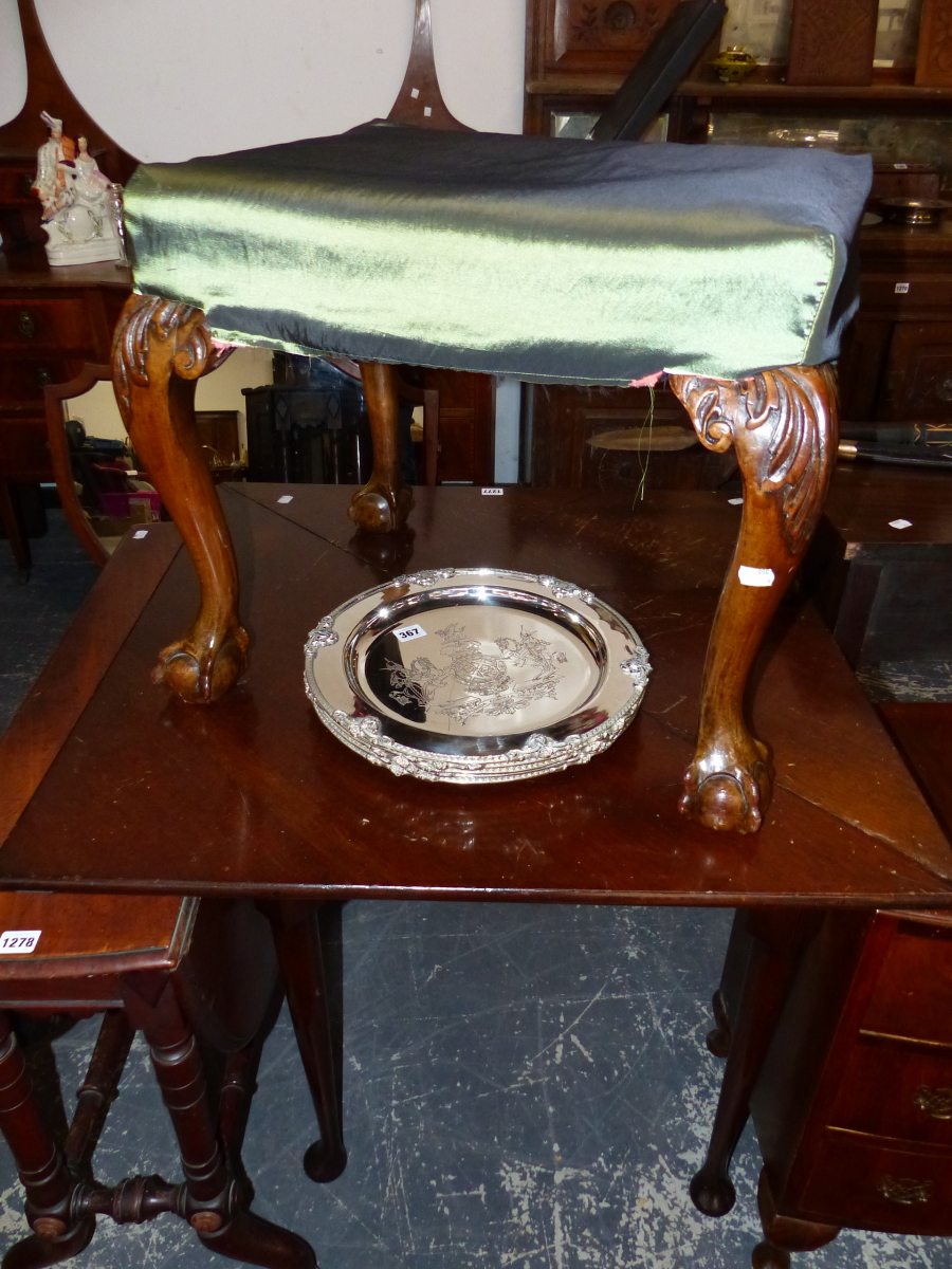 A 19th C. MAHOGANY FOLD OVER CORNER TABLE AND A GEORGIAN STYLE CABRIOLE LEGGED STOOL. - Image 2 of 5