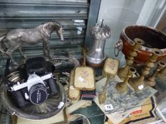 AN ANTIQUE OAK FRUIT BOWL WITH LION MASK MOUNTS, A PENTAX SPOTMATIC CAMERA, BRASS CANDLESTICKS ETC.