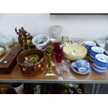 A PAIR OF ANTIQUE SPELTER FIGURES, T G GREEN KITCHEN JARS, TRINKET BOXES, BELLEEK AND OTHER CHINA