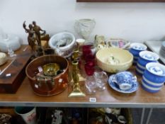 A PAIR OF ANTIQUE SPELTER FIGURES, T G GREEN KITCHEN JARS, TRINKET BOXES, BELLEEK AND OTHER CHINA