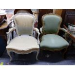 TWO SIMILAR ANTIQUE FRENCH SHOW FRAME SALON CHAIRS ON CABRIOLE LEGS.