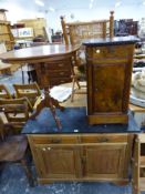 AN OAK TRI POD TABLE, A WALNUT BEDSIDE CABINET, A WASH STAND AND A SIDE CHAIR.