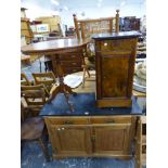 AN OAK TRI POD TABLE, A WALNUT BEDSIDE CABINET, A WASH STAND AND A SIDE CHAIR.