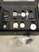 A STACKERS FITTED WATCH CASE FOR EIGHT WATCHES, AND ELEVEN VARIOUS WRIST WATCHES TO INCLUDE TIMEX,