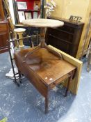 A VICTORIAN MAHOGANY PEMBROKE TABLE AND A SMALL OAK TRIPOD TABLE.