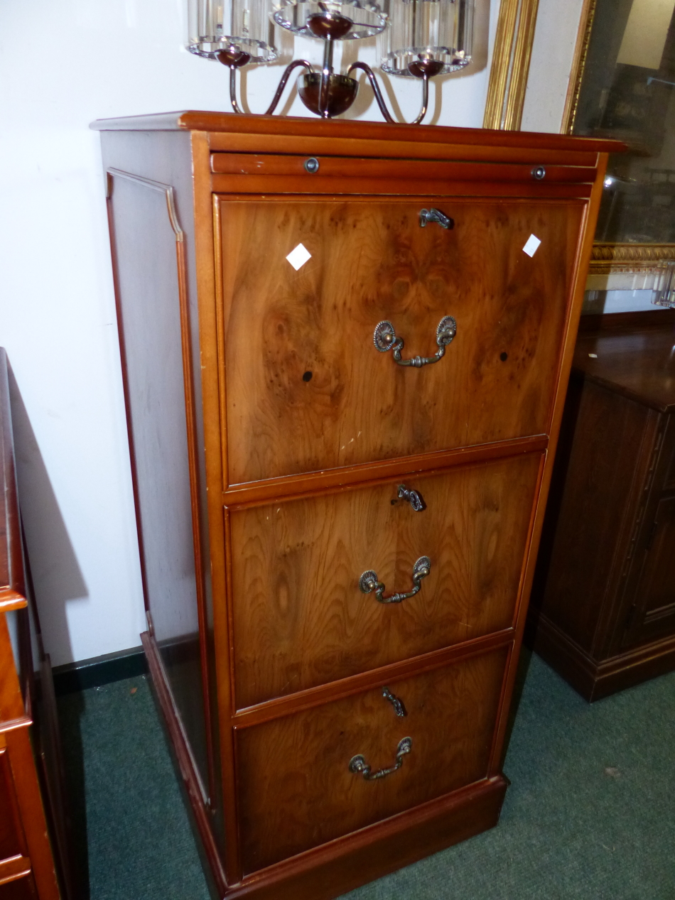 A YEW WOOD THREE DRAW FILE CABINET WITH SLIDE H. 112cm.