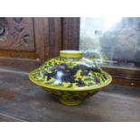 AN ORIENTAL PORCELAIN SMALL DISH AND COVER WITH DRAGON DECORATION ON A YELLOW GROUND.