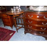 A SMALL OAK DROP LEAF TABLE, A BEDSIDE THREE DRAWER CHEST AND A SERPENTINE FOUR DRAWER CHEST.