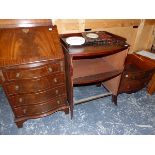 A SMALL MAHOGANY BUREAU, TOGETHER WITH A 19th C. NIGHT STAND AND A NEST OF TABLES.