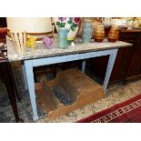 A FRENCH SIDE TABLE WITH GALVANIZED TOP AND PAINTED BASE.