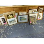 A LARGE COLLECTION OF FURNISHING PICTURES TO INCLUDE VARIOUS WATERCOLOURS ANTIQUE PRINTS, A FRAMED