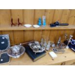 VARIOUS SILVER PLATED WARES, TWO VINTAGE TRUNCHEONS, A WHISTLE, AN EARLY GLASS ETC.