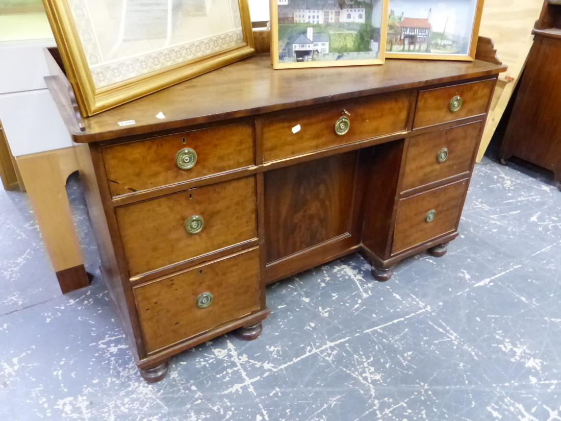 AN EARLY 19th.C. MAHOGANY PEDESTAL DESK, THE THREE QUARTER GALLERIED TOP OVER A CENTRAL DRAWER AND