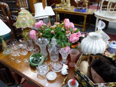 THREE EASTERN STYLE TABLE LAMPS, ANOTHER WITH PAINTED HIDE SHADE, EASTERN CHINA WARES, GLASS WARE