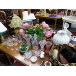 THREE EASTERN STYLE TABLE LAMPS, ANOTHER WITH PAINTED HIDE SHADE, EASTERN CHINA WARES, GLASS WARE