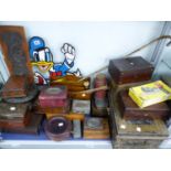 A COLLECTION OF ANTIQUE JEWELLERY AND TRINKET BOXES, TIN DEED BOXES, STATIONARY RACK, AND A DONALD