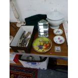 FIVE SILVER 3D BITS, SILVER HANDLED CUTLERY, MIRROR, ETC.