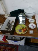 FIVE SILVER 3D BITS, SILVER HANDLED CUTLERY, MIRROR, ETC.