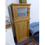 A PINE SMALL KITCHEN CABINET WITH MEAT SAFE ON UPPER SECTION.