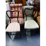 TWO VICTORIAN UPHOLSTERED SLIPPER CHAIRS, TOGETHER WITH A PAIR OF ROSEWOOD BEDROOM CHAIRS.