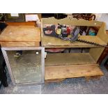 19th C. PINE SHELF UNIT, A PINE PANEL DOOR CABINET, AND A MIRROR ETC.