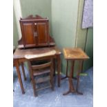 ANTIQUE MAHOGANY SIDE TABLE, A WALL CABINET, A CHAPEL CHAIR AND AN OCCASIONAL TABLE.